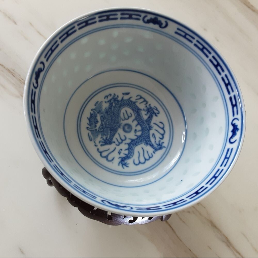 JINGDEZHEN DRAGON RICE BOWL BLUE/WHITE PORCELAIN 4.5